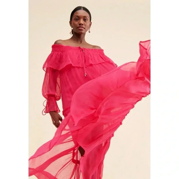New Free People Cherry Maxi Dress Long Sleeve Pink Off the Shoulder Summer Pink - Picture 1 of 16